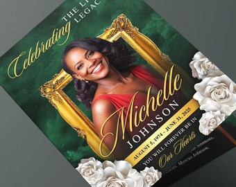 May include: A green and gold funeral program with a photo of a woman in a red dress. The text reads "Celebrating The Life & Legacy Michelle Johnson August 5, 1974 - June 31, 2025 You Will Forever Be In Our Hearts"