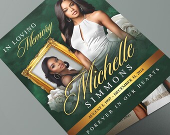 May include: A memorial card with a dark green background and gold accents. The card features a photo of a woman, the name "Michelle Simmons", and the dates "August 5, 1997 - December 31, 2024". The text "In Loving Memory" and "Forever in Our Hearts" are also displayed.