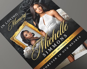 May include: A memorial card with a black and gold design. The card features a portrait of a woman, the name "Michelle Simmons", and the dates "August 5, 1997 - December 31, 2024". The words "In Loving Memory" and "Forever in Our Hearts" are also displayed.