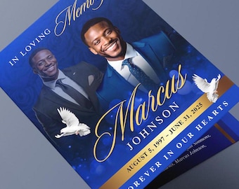 May include: A blue and gold funeral program with a photo of a man in a suit. The program reads "In Loving Memory, Marcus Johnson, August 5, 1997 - June 31, 2025, Forever in Our Hearts."