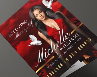 Programa funerario rojo granate (8 páginas) En memoria de alguien / Programa conmemorativo / Celebración de la vida / Plantilla de obituario de Canva