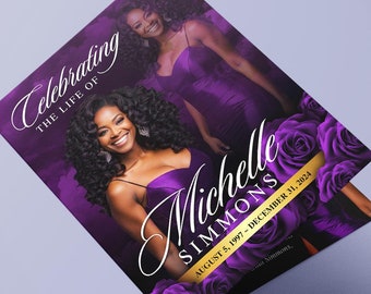 May include: Purple funeral program with a photo of a woman in a purple dress. The text reads "Celebrating the Life of Michelle Simmons August 5, 1997 - December 31, 2024".