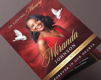 May include: A red and gold funeral program with a photo of a woman smiling. The text reads "In Loving Memory, Miranda Johnson, August 5, 1974 - October 31, 2024, Forever in Our Hearts."