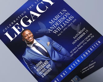 Program pogrzebowy Blue (8 stron) Nekrolog w stylu magazynu | Program pamiątkowy | Szablon pogrzebowy Canva