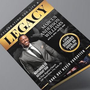 Könnte beinhalten: Ein Gedenkprogramm mit einem schwarz-goldenen Design. Das Wort "LEGACY" steht oben, darunter der Name "Marcus Anderson Williams" und die Daten. Ein Foto eines lächelnden Mannes im Anzug ist abgebildet.