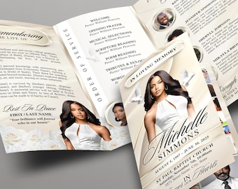 May include: A trifold funeral program, 11x17 inches, with a cream and gold color scheme. The program features photos, text, and the name "Michelle Simmons." The cover includes the text "Funeral Program" and "Remembering the Life of."