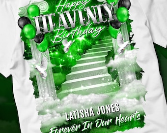 Happy Heavenly Birthday PNG, Silver Green Sky Heaven Memorial Background for Funeral, Memorial & Remembrance. Canva Memorial Tshirt Template