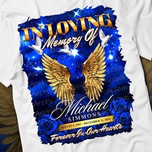 In Loving Memory PNG, Gold & Blue Cloudy Sky Memorial Background for Funeral and Remembrance. Canva Memorial T-shirt Sublimation