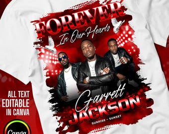 Black & Red Memorial T-Shirt design. Forever In Our Hearts Canva Shirt Template