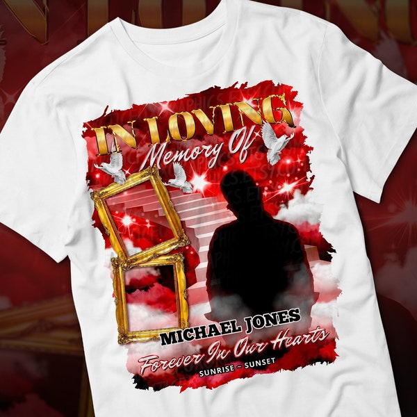 In Loving Memory PNG, Gold Red Sky Heaven's Stairway Memorial Background for Funeral & Remembrance. Canva Memorial T-shirt Sublimation