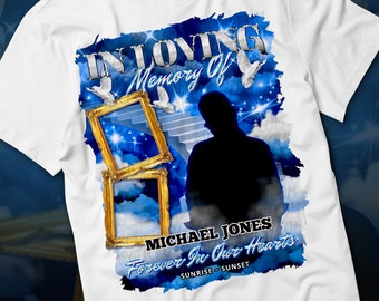 In Loving Memory PNG, Silver Blue Sky Heaven&#39;s Stairway Memorial Background for Funeral & Remembrance. Canva Memorial T-shirt Sublimation