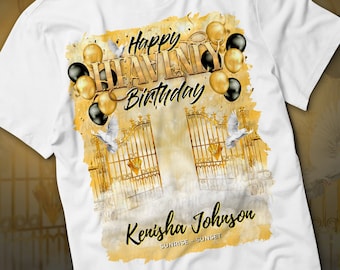 Happy Heavenly Birthday PNG, Yellow Gold Sky Heaven's Gate Memorial Background for Funeral & Remembrance. Canva Heavenly Birthday T-shirt