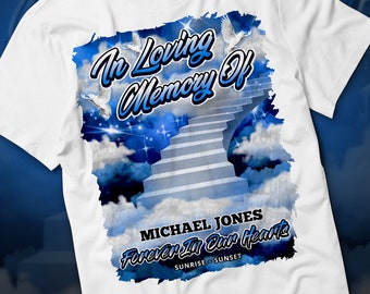 In Loving Memory PNG, Blue Sky Heaven's Stairway Memorial Background for Funeral & Remembrance. Canva RIP Memorial T-shirt PNG Sublimation