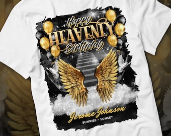 Happy Heavenly Birthday PNG, Black Gold Stairway To Heaven Memorial Background for Funeral & Remembrance. Canva Heavenly Birthday T-shirt