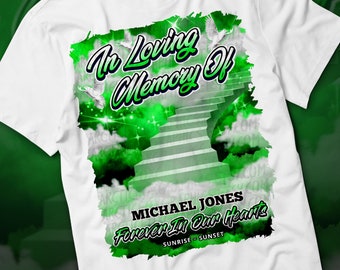 In Loving Memory PNG, Green Sky Heaven's Stairway Memorial Background for Funeral & Remembrance. Canva RIP Memorial T-shirt PNG Sublimation