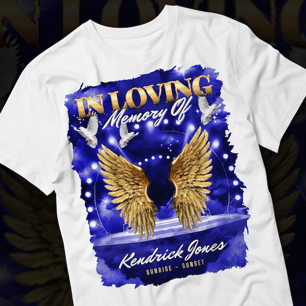 In Loving Memory PNG, Gold Blue Sky Heaven Memorial Background for Funeral, Memorial & Remembrance. Canva RIP Memorial T-Shirt Sublimation
