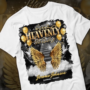 Happy Heavenly Birthday PNG, Black Gold Stairway To Heaven Memorial Background for Funeral & Remembrance. Canva Heavenly Birthday T-shirt