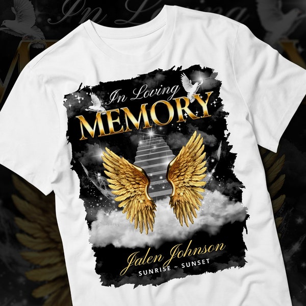 In Loving Memory PNG, Black Gold Heaven's Stairway Memorial Background for Funeral & Remembrance. Canva RIP Memorial T-shirt PNG Sublimation