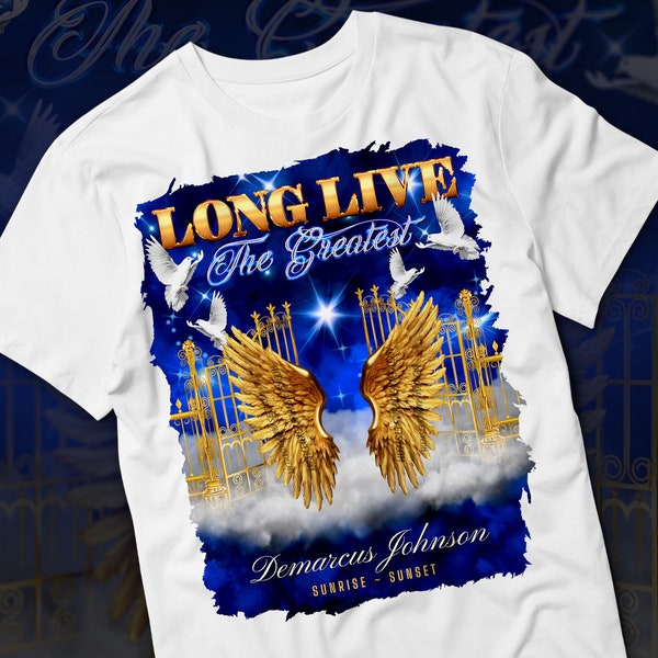 Long Live The Greatest PNG, Blue Sky Heaven Gate Memorial Background for Funeral & Remembrance. Canva RIP Memorial T-Shirt Sublimation