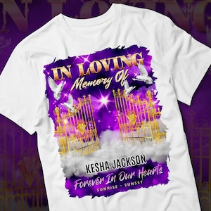 In Loving Memory PNG, Gold Purple Sky Heaven&#39;s Gate Memorial Background for Funeral & Remembrance. Canva RIP Memorial T-shirt PNG
