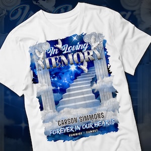 In Loving Memory PNG, Silver Royal Blue Sky Heaven&#39;s Stairway Memorial Background for Funeral & Remembrance. Canva RIP Memorial T-shirt PNG