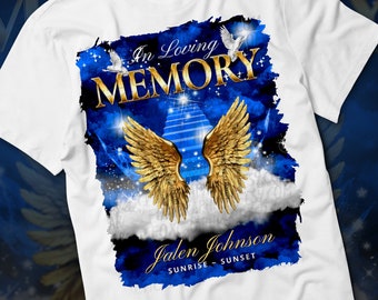 In Loving Memory PNG, Royal Blue Gold Heaven's Stairway Memorial Background for Funeral & Remembrance. Canva RIP Memorial T-shirt PNG