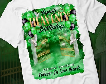 Happy Heavenly Birthday PNG, Green Sky Heaven's Gate Memorial Background for Funeral & Remembrance. Canva Heavenly Birthday T-Shirt Design
