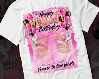 Happy Heavenly Birthday PNG, Pink Sky Heaven's Gate Memorial Background for Funeral & Remembrance. Canva Heavenly Birthday T-Shirt Design