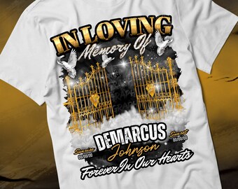 In Loving Memory Black Gold Sky Heaven's Gate T-Shirt for Funeral & Remembrance. Forever In Our Hearts Canva Memorial T-shirt Sublimation