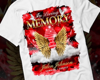 In Loving Memory PNG, Red Gold Heaven&#39;s Stairway Memorial Background for Funeral & Remembrance. Canva RIP Memorial T-shirt PNG Sublimation
