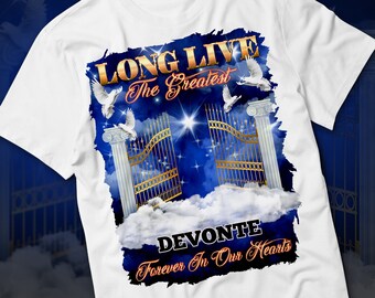 Long Live The Greatest PNG, Blue Sky Heaven Gate Memorial Background for Funeral & Remembrance. Canva RIP Memorial T-Shirt Sublimation