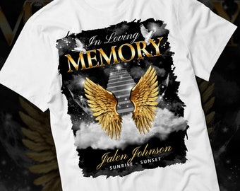 In Loving Memory PNG, Black Gold Heaven&#39;s Stairway Memorial Background for Funeral & Remembrance. Canva RIP Memorial T-shirt PNG Sublimation