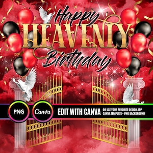 Happy Heavenly Birthday PNG, Red Sky Heaven's Gate Memorial Background for Funeral & Remembrance. Canva Heavenly Birthday T-Shirt Design