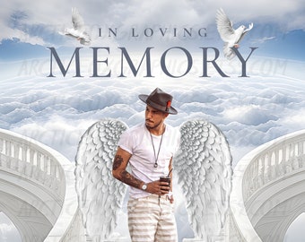 In Loving Memory PNG, Blue Sky Heaven Staircase Memorial Background for Funeral, Memorial & Remembrance. Canva Memorial T-Shirt Sublimation