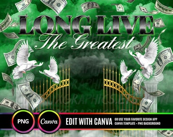 Long Live The Greatest PNG, Green Sky Heaven Gate Memorial Background for Funeral & Remembrance. Canva RIP Memorial T-Shirt Sublimation