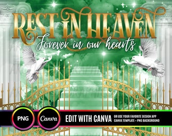 Rest In Heaven PNG, Green Sky Heaven Stairway Memorial Background for Funeral, Memorial & Remembrance. Canva Memorial T-Shirt Sublimation