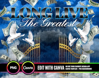 Long Live The Greatest PNG, Blue Sky Heaven Gate Memorial Background for Funeral & Remembrance. Canva RIP Memorial T-Shirt Sublimation