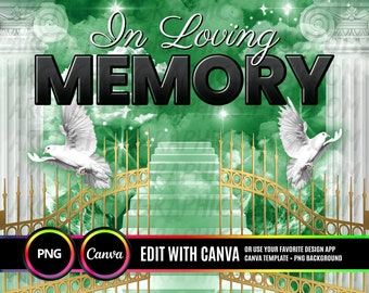 In Loving Memory PNG, Green Sky Heaven Gate Memorial Background for Funeral, Memorial & Remembrance. Canva RIP Memorial T-Shirt Sublimation