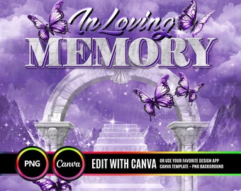 May include: A digital design with a purple and white color scheme, featuring the text "In Loving Memory" in a silver, textured font. Butterflies and an archway with stairs are also present. The design includes the name "Kimberly Williams" and the words "Sunrise ~ Sunset".