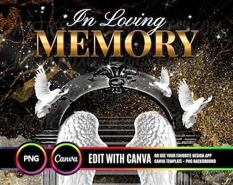 May include: A memorial design with the words "In Loving Memory" in gold. The design includes white angel wings, doves, and the name "Demarcus Williams". The background is black and gold.
