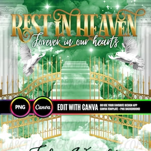 Rest In Heaven PNG, Green Sky Heaven Stairway Memorial Background for Funeral, Memorial & Remembrance. Canva Memorial T-Shirt Sublimation