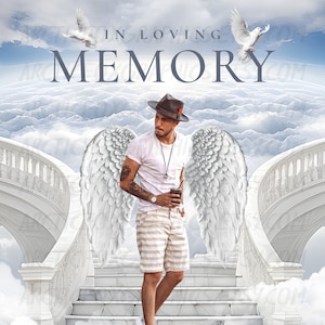 In Loving Memory PNG, Blue Sky Heaven Staircase Memorial Background for Funeral, Memorial & Remembrance. Canva Memorial T-Shirt Sublimation