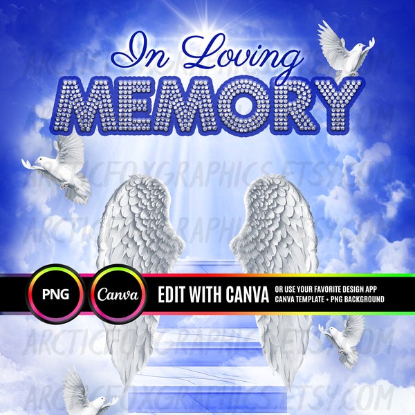 In Loving Memory PNG, Blue Sky Stairway To Heaven Memorial Background for Funeral, Memorial & Remembrance. Canva Memorial Sublimation Design