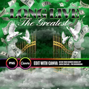 Long Live The Greatest PNG, Green Sky Heaven Gate Memorial Background for Funeral & Remembrance. Canva RIP Memorial T-Shirt Sublimation