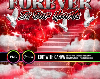 Forever In Our Hearts PNG, Silver Ruby Red Sky Heaven's Stairway Memorial Background for Funeral & Remembrance. Canva Memorial T-shirt PNG