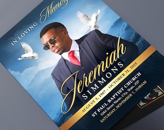 May include: A memorial card with a portrait of a man in a suit and sunglasses, with the text "Jeremiah Simmons" in gold script. The card includes the dates August 5, 1987 - October 31, 2025, and the name of a church.