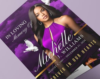 May include: Purple and gold funeral program with a photo of a woman and the text "In Loving Memory of Michelle J. Williams August 5, 1997 - December 31, 2024 Forever in Our Hearts"