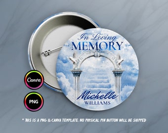 In Loving Memory Pin Button Canva Template, Memorial Button Pin Background, Funeral Button, Blue Cloudy Sky Heaven's Gate Memorial PNG