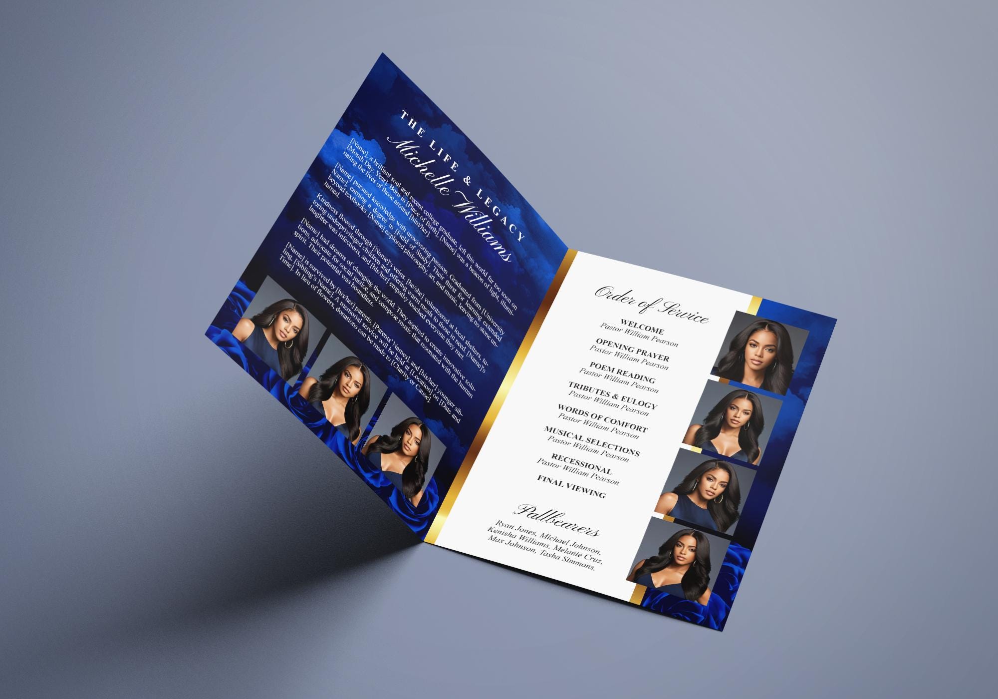 Elegant Blue Funeral Program (8 Pages) Celebration of Life Obituary ...
