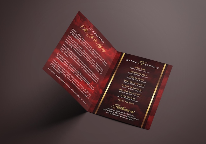 Maroon Red Cloudy Sky Funeral Program (8 pages) In Loving Memory Obituary Program | Memorial Program | Celebration of Life | Canva Template | 17" x 11" Tabloid size (8.5" x 11" Folded) Bi-Fold Booklet